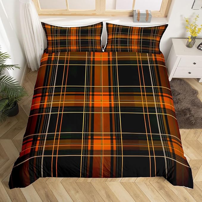 Erosebridal Orange Black Geometric Duvet Cover King Grid Checkered Bedding Set for Kids Teens Rustic Farmhouse Cabin Decor Quilt Cover Retro Stripes Lines Bed Set with Zipper