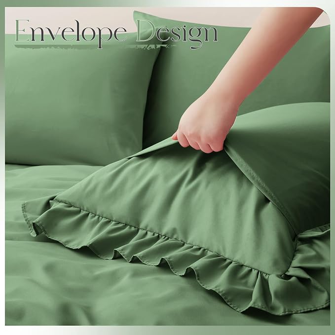 Horbaunal Sage Green Ruffle Sheets King Size 6 Piece, Fits 16" Deep Mattress, Microfiber Green King Sheets with 2 Ruffled Pillowcases, Shabby Chic King Bed Sheet Set