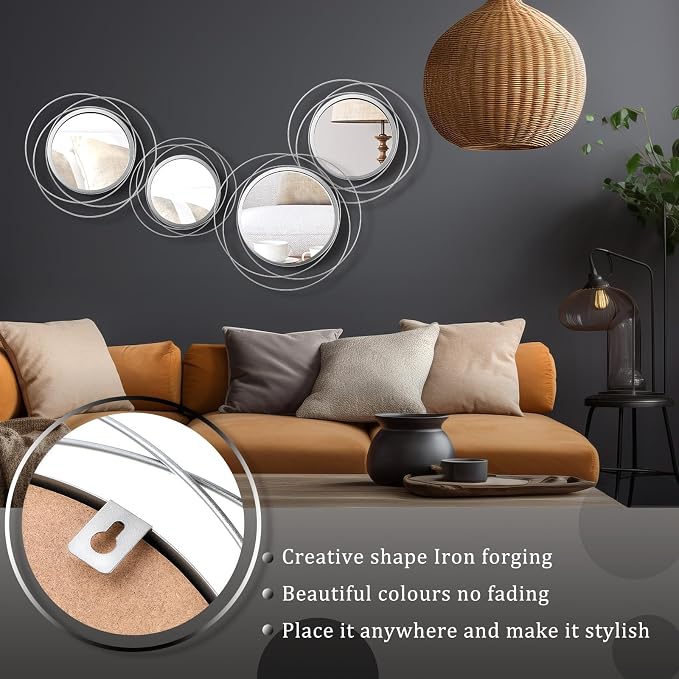 Hicarer 4 Pcs Decorative Wall Mirror Round Modern Mirror Circle Mirror Wall Art Ring Metal Mirror Wall Decor Wall Mounted Mirror for Bedroom Living Room Entryway Dining Room Hallway (Silver)