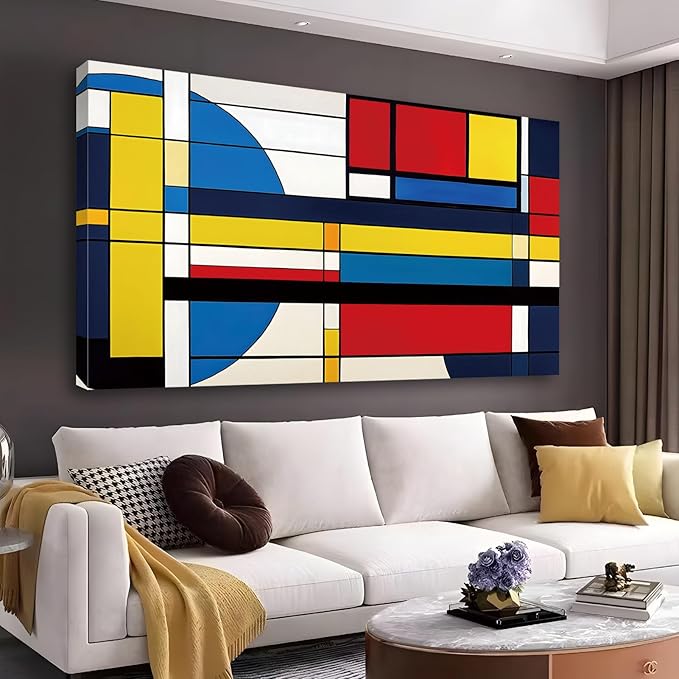 Rumftozyb Abstract Cubism Canvas Wall Art, Blue, Yellow and Red Canvas Print, Geometric Pattern Wall Art, Colorful Poster, Minimalist Wall Decor, Mid Century Modern Home Decor (57"x32" | 146x82cm)