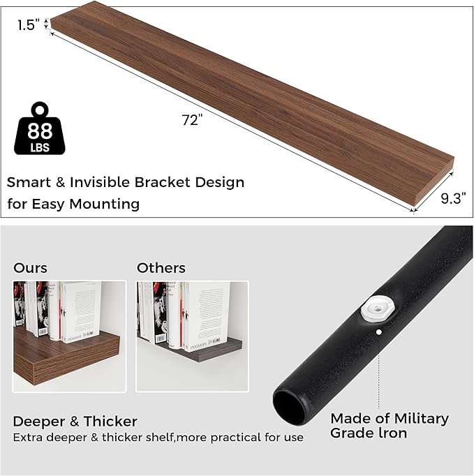 Floating Shelves for Wall, Engineered Wood Wall Shelves with Invisible Brackets for Living Room Bedroom Bathroom Office Kitchen Decor and Storage (Walnut, 72" W x 9" D x 1.5" H) Set of 1