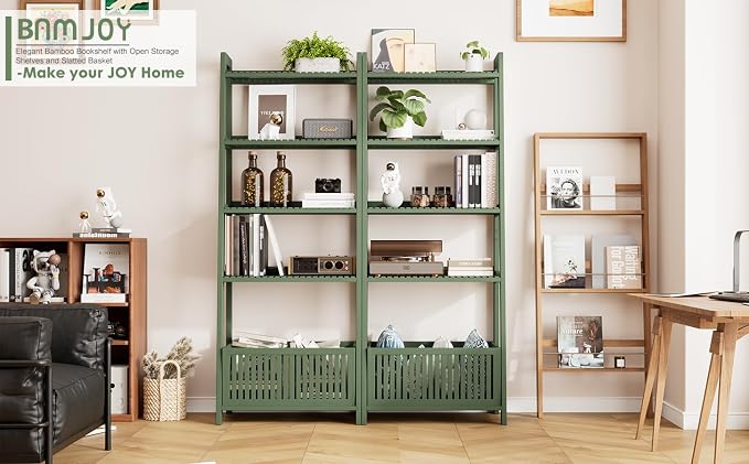 Bamjoy Bamboo Ladder Bookcase, Bookshelf with 4 Display Shelves and 1 Open Storage Basket, Storage Rack Organizer for Home Office, 66” H Forest Green