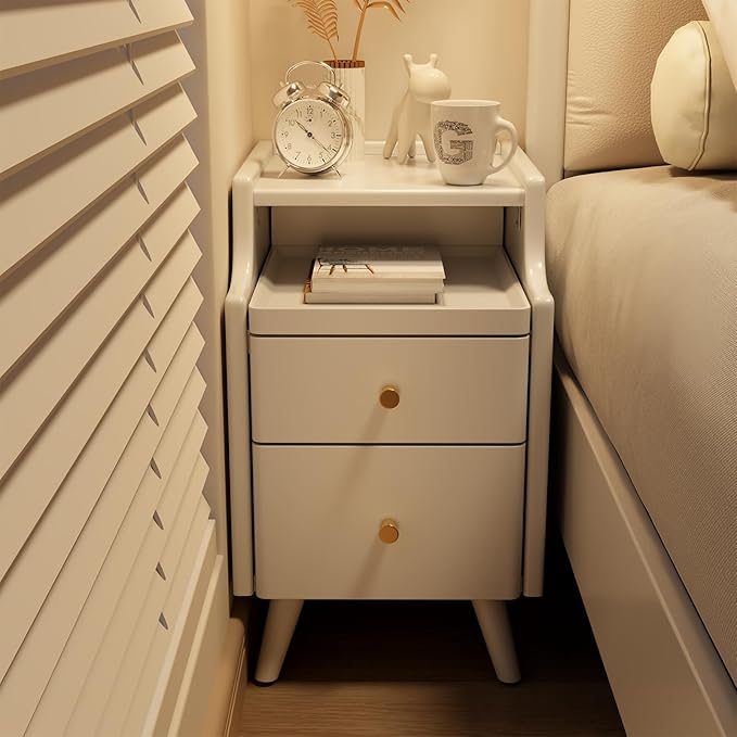 AQIMUELE Wood Nightstand, White Nightstand with 2 Drawers, Bedside Table for Bedroom