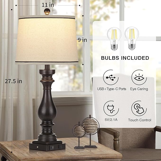 27.5" Tall Table Lamp for Living Room,Farmhouse Vintage Bedside Nightstand Lamp with USB C+A Ports & AC Outlet,3-Way Dimmable Touch Control Retro Black Lamp for Bedroom,Single Black