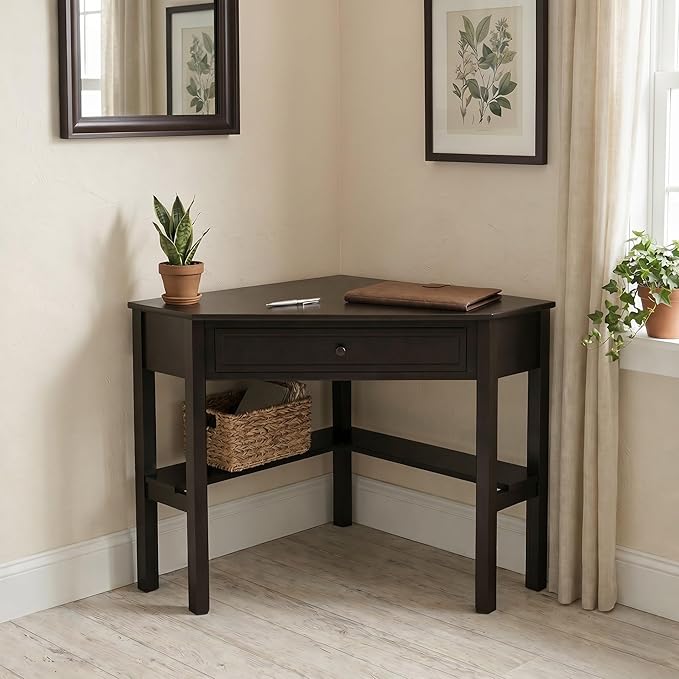 Ellen Wood Small Corner Desk with Wooden Knob Storage Drawer and Shelf – Compact Computer Table for Home Office, Bedroom, or Study, Espresso