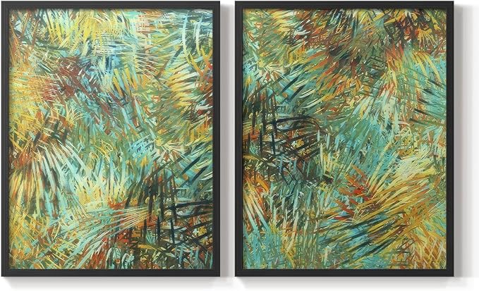 Renditions Gallery Set of 2 Peel & Stick Framed Prints, Nature Abstract Wall Art, Green Leafy Design Wall Decor, Re-Stickable - Ready to Hang - 8"x10" - Black Frame LT588