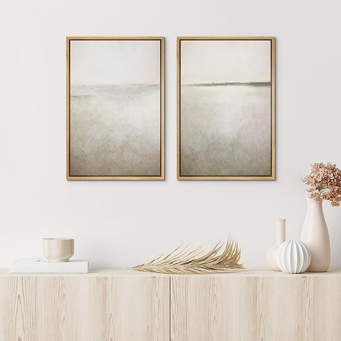 IDEA4WALL Framed Canvas Print Wall Art Set Abstract Sepia Ocean Wave Beach Landscape Nature Wilderness Illustrations Modern Art Decorative Coastal Cottage Seascape for Bedroom - 24"x36"x2 Natural