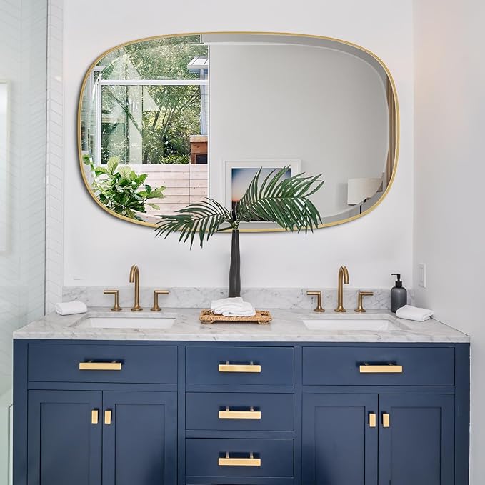 POZINO Brushed Gold Beveled Mirror, 24"x40" Modern Rounded Rectangle Mirrors, Brass Oval Mirrors, Oblong Vanity Wall Mirror in Premium Stainless Steel Frame, Hangs Horizontal Or Vertical