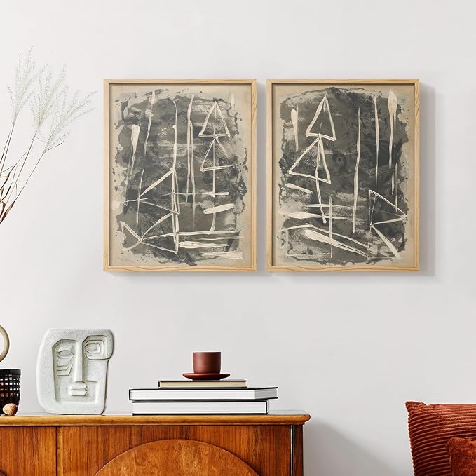 Renditions Gallery Set of 2 Peel & Stick Framed Prints, Trendy Abstract Wall Art, Textured Linework Striking Wall Decor, Re-Stickable - Ready to Hang - 22"x28" - NATURAL WOOD Frame LT588