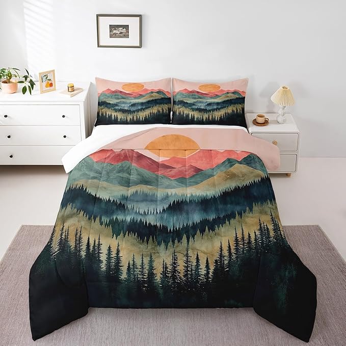 Erosebridal Sunset Mountain Forest Bedding Set Queen Nature Woodland Landscape Comforter Set for Kids Boys Aesthetic Pine Tree Scenery Down Comforter Boho Retro Foggy Plants Bed Set Bedroom Decor