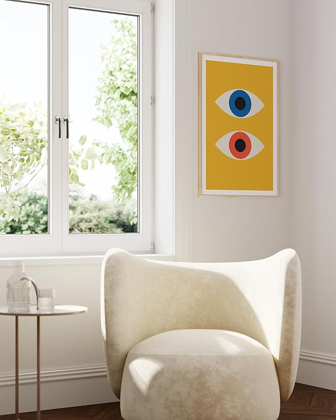 HAUS AND HUES Mid Century Modern Wall Art - Retro Evil Eye Decor, Bauhaus Geometric Wall Art (Beige Frame, 24x36)