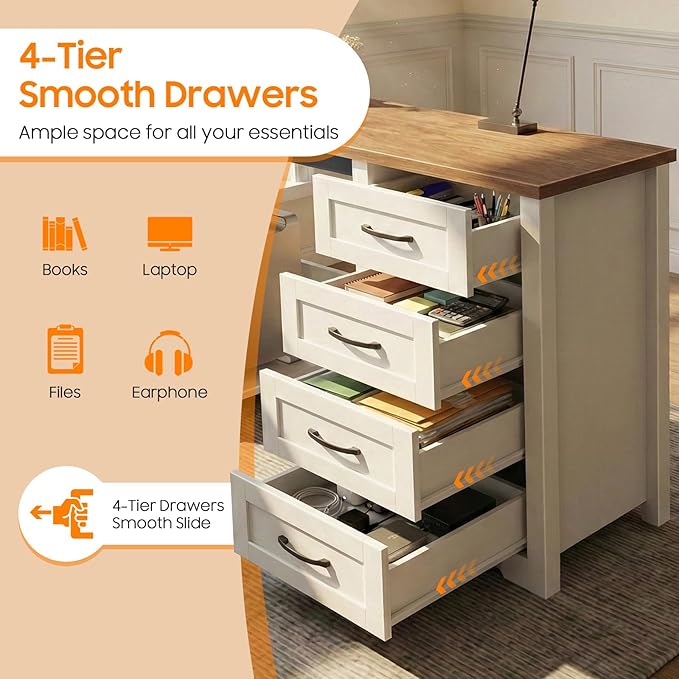 Vabches 61”Farmhouse L Shaped Executive Desk with Drawers, Corner Computer Desk with Mobile CPU Stand, Wood Writing Computer Desk for Work, Study