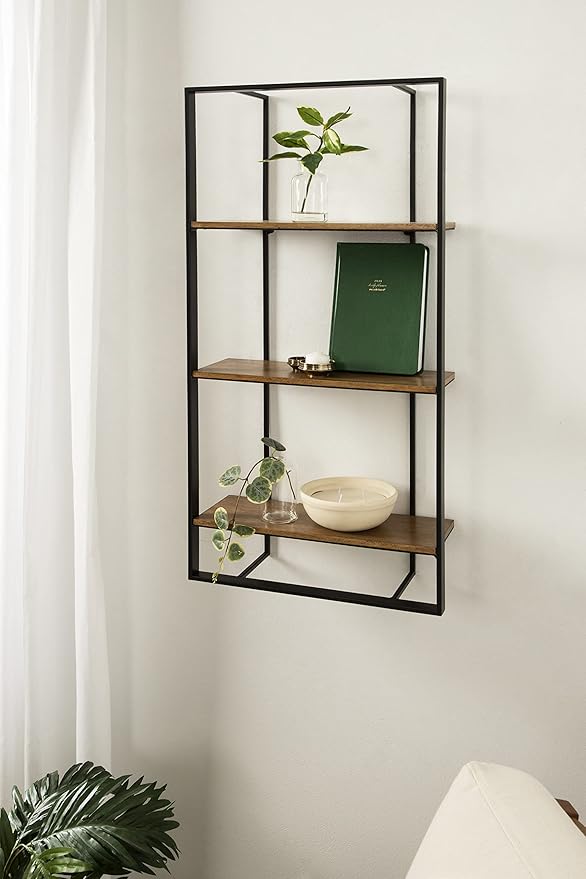 Kate and Laurel Kercheval Modern 3 Tier Wall Shelf; 15 x 32; Rustic Brown and Black; Farmhouse Bookshelf Wall Decor with Multiple Tiers for Storage and Display