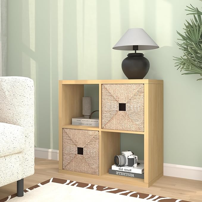 CTESNE【2026 Wooden Thick Frame 4 Cube Storage Organizer Shelf with Anti-Tipping Kits + Reversible Open Back Bookcase, Horizontal and Vertical Dual-use（Oak Color,11inch）