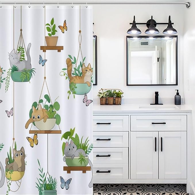 Cat Shower Curtain,Rustic Farmhouse Hanging Potted Plants Funny Animals Bathroom Curtain Polyester Waterproof Fabric Decor 66x72in（168x183cm）