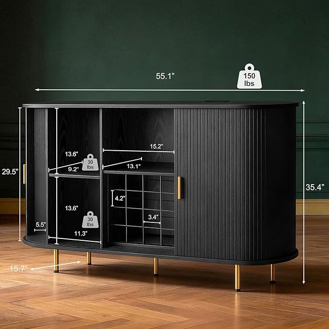 DHH 55" Wine Bar Cabinet with Storage, Fluted Liquor & Coffee Bar Cabinet with Wine Rack and Glass Holder, Buffet Sideboard with LED Lights for Home Kitchen Living Dining Room (Black)