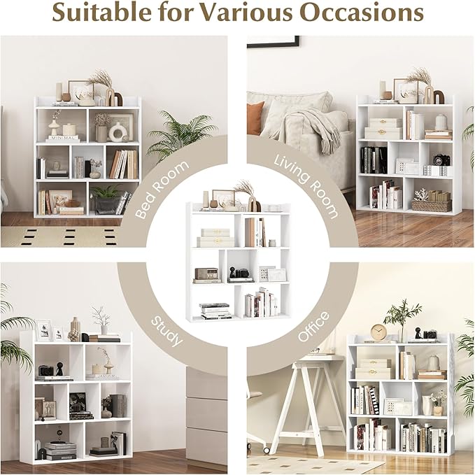 Giantex 7 Cube Bookshelf, Free-Standing Wooden Bookcase, 4 Tier Home Display Shelf, Horizontal Storage Unit w/Anti-Toppling Devices, Open-Back Display Rack for Study, Office, Living Room, White