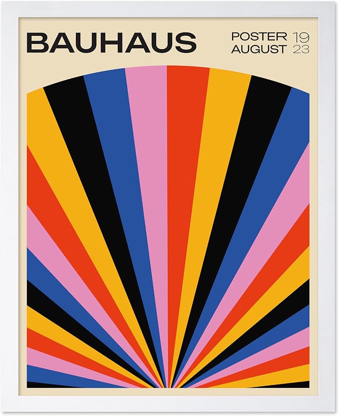 Poster Master Bauhaus Poster - Rainbow Sun Rays Print - Geometric - Abstract Art- Graphic Design - Chic Boho - Mid Century Modern Art - 11x14 White Framed