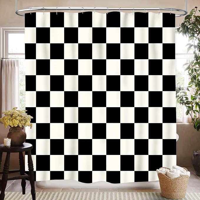 70s Black Checkered Shower Curtain for Bathroom, Retro Vintage Hippie Groovy Checkboard Abstract Modern Cute Bright Funky Waterproof Fabric Shower Curtain Set with Hooks, 72"x78"