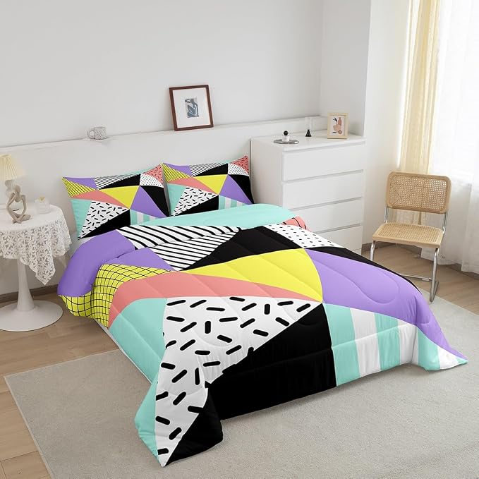Manfei Memphis Comforter Set Full Size, Geometric Triangle Pattern Quilt Set with 2 Pillowcases, Retro 80s 90s Fashion Style Bedding Set 3pcs for Kids Boys Girls Lightweight Duvet Insert