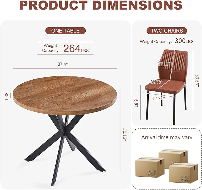 37" Round Dining Table Set for 2, Mid Century Modern Small Coffee Set for Dining Room Kitchen Apartment (Walnut Table + 2 PU Leather Brown Chairs)