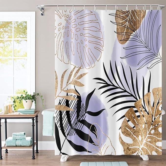 Purple Boho Chic Shower Curtain 72Wx72H Mid Century Geometric Black Golden Abstract Leaves Aesthetic Modern Art Fabric Waterproof Home Bathroom Decor 12 Plastic Hooks