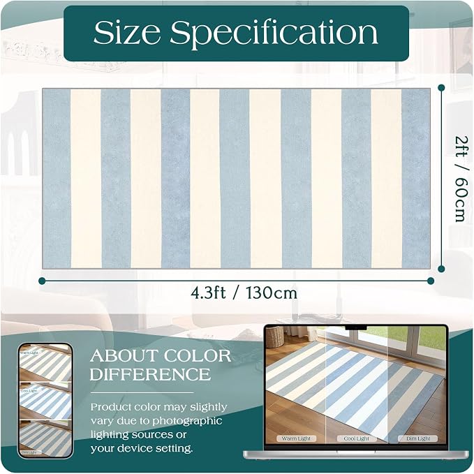 Front Door Mat Indoor Entrance - 2x4.3 Ft Washable Layered Doormat Outdoor Entrance Welcome Mat Front Porch Rug Non-Slip Blue White Striped Runner Rug for Kitchen Bedroom Front Porch Decor