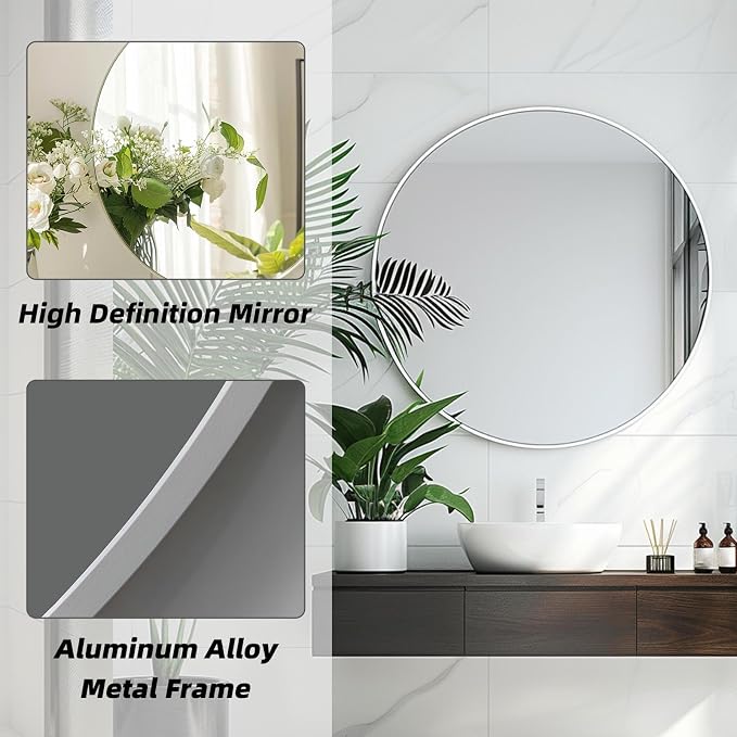 Round White Mirror, 30 Inch Circle White Mirror, Metal Frame Round Wall Mounted Mirrors for Bathroom, Living Room, Bedroom, Entryway, Vanity