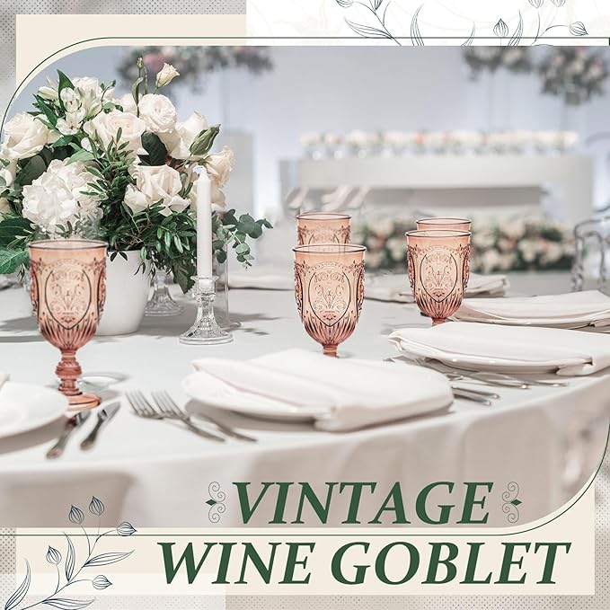 24 Pcs Plastic Goblets 7.5oz Vintage Goblet Plastic Wine Glasses Colored Retro Embossed Water Goblets for Wine Bar Juice Baby Shower Wedding Reception Grand Event Party (Rose Gold)