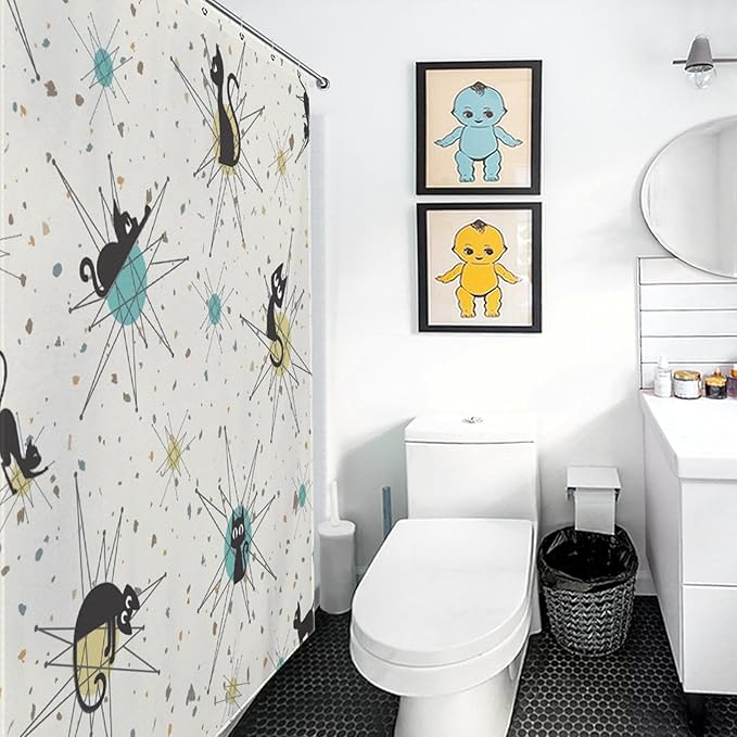 Vintage Mid Century Cats Shower Curtain Black Cat Retro Diamond Atomic 1950s 1960s Abstract Geometric Simple Waterproof Shower Curtains for Bathroom Decor 12 Pack Hooks 72x72in (183x183cm)