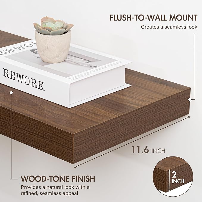 36 Inch Floating Shelves, 12" Deep Floating Shelf Wall Mounted, 36" Wall Shelves, Rustic Deep Bookshelf, Extra Deeper & Thicker Display Shelves for Bedroom, Living Room, Walnut, Set of 2