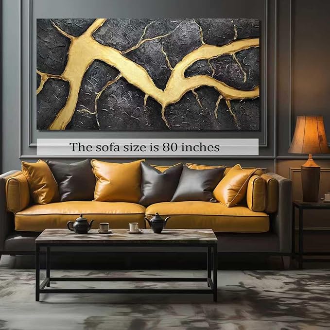 DNIEOTU Hand Painted Abstract Wall Art for Living Room, Black and Gold Canvas Wall-Decor for Bedroom, 3D Textured Paintings for Hallway Office, Large Size 80 x 40 Inches