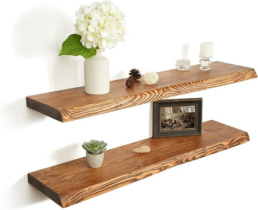 36 Inch Wooden Floating Shelves for Wall Set of 2, Finnish Spruce Solid Wood Shelf, Natural Wood Floating Shelves for Living Room, Bathroom, Bedroom, Kitchen, Brown Finish
