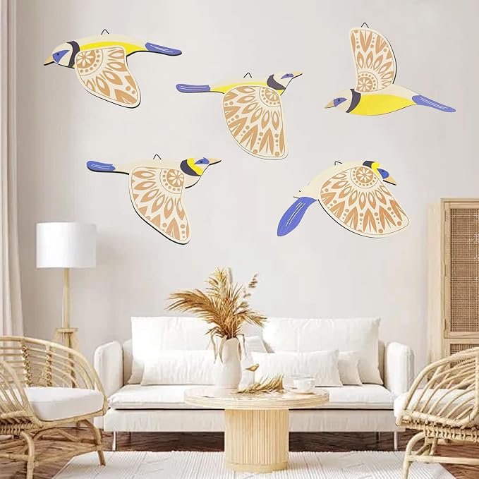 EMINGSKY 5 Pcs Wooden Bird Wall Art Wood Flying Birds Wall Decor Boho Rustic Folk Art Home Decor for Gift Living Room Bedroom Kitchen Office (Blue)