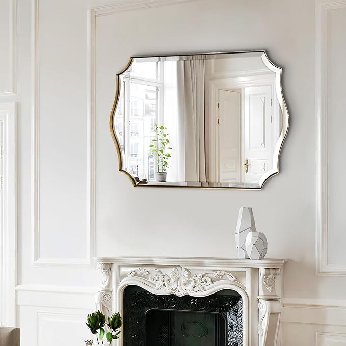 POZINO Gold Bathroom Vanity Mirror, 22"x30" Modern Brushed Mirrors for Over Sink, Unique Rectangle Beveled Mirror for Wall, Brass Scalloped Mirrors for Living Room Bedroom Entryway Fireplace