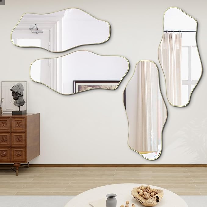 Irregular Mirror, 51.1"x23.6" Asymmetrical Frameless Mirrors, Large Gold Abstract Wall Mirrors, Modern Unique Shaped Mirror for Living Room Bathroom Bedroom Hallway Entryway