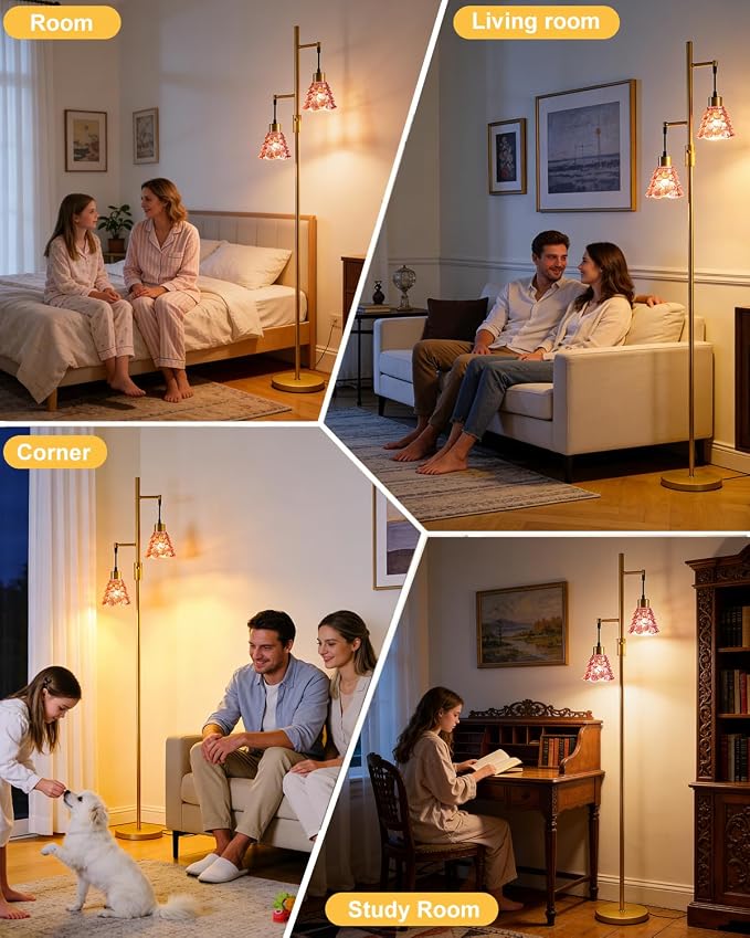 2-Light Modern Glass Floor Lamp, Gold Standing Tall Lamp with Deep Red Shell Glass Shade, Dimmable LED Floor Lamp with 5Lbs Heavy Base for Living Room Bedroom Home Decor, Bulb Included