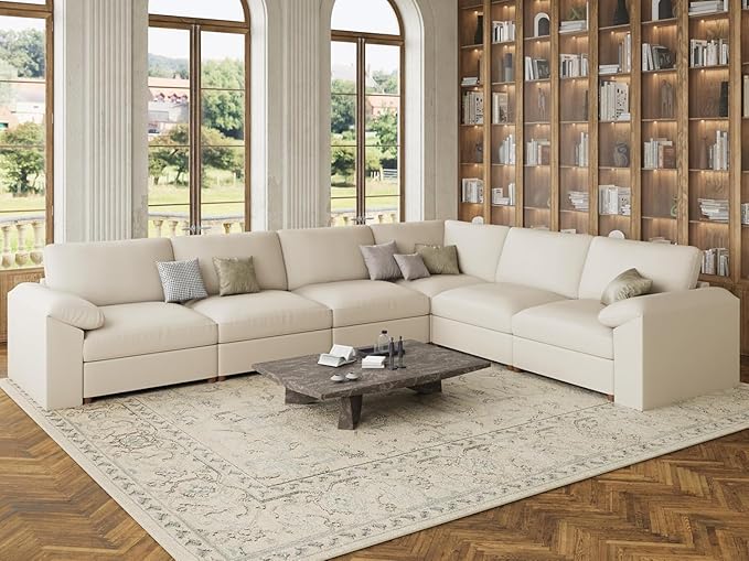 EASE MOOSE Leather Sectional Couch, Oversized Modular Sectional Sofa, Wide Deep Seat Modular Couch, Scratch Resistant Faux Leather Material, L Shaped Sofas for Living Room, Beige