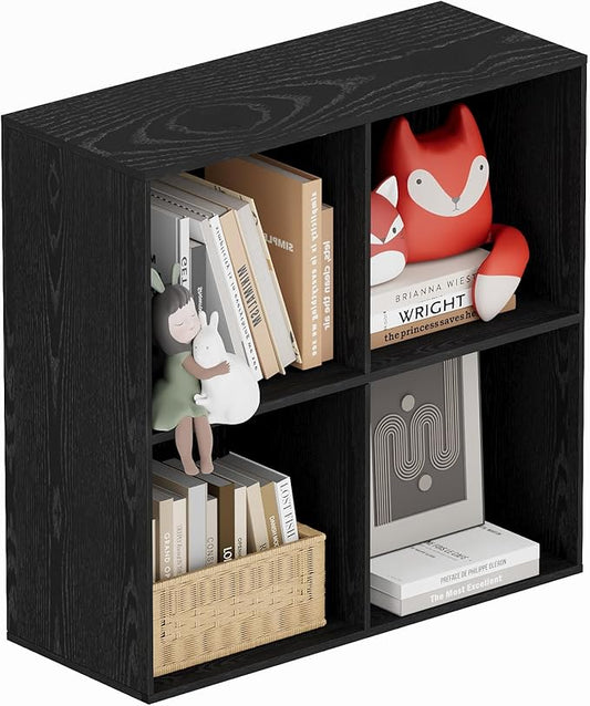 Book Shelf, Wooden Cube Storage Organizer with 11" Open Cubes, Stackable Modular Bookcase for Room Divider Storage, 2 Tier Bookshelf for Living Room, Bedroom, Office (Black, 4-Cube)