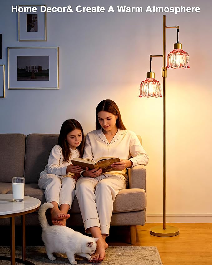 2-Light Modern Glass Floor Lamp, Gold Tall Standing Lamp with Deep Red Flower Glass Shade for Reading, Dimmable LED Floor Lamp with 5Lbs Heavy Base for Living Room Bedroom Home Decor, Bulb Included