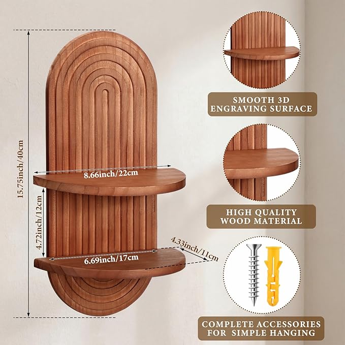 Pinkunn 3 Pcs Boho Wall Decor Floating Plant Wall Shelf Modern Mid Century Decor Hanging Natural Wood Planter Holder for Home Bathroom Bedroom Living Room Office Holding Planter 15.75 x 6.69 Inches