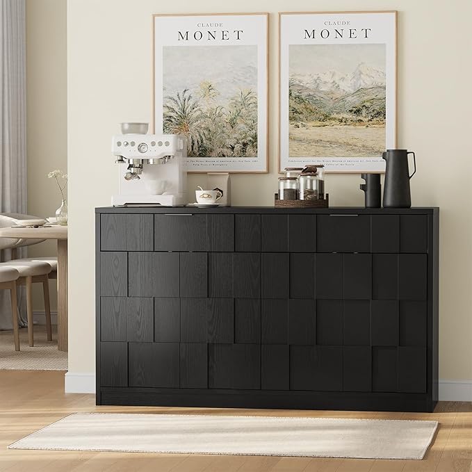 ONBRILL 61" Sideboard Buffet Cabinet with Storage, Large Coffee Bar Cainet with Doors and Drawers, Wood Credenza Console Cabinet Buffet Table for Kitchen Living Room Entryway (Black)