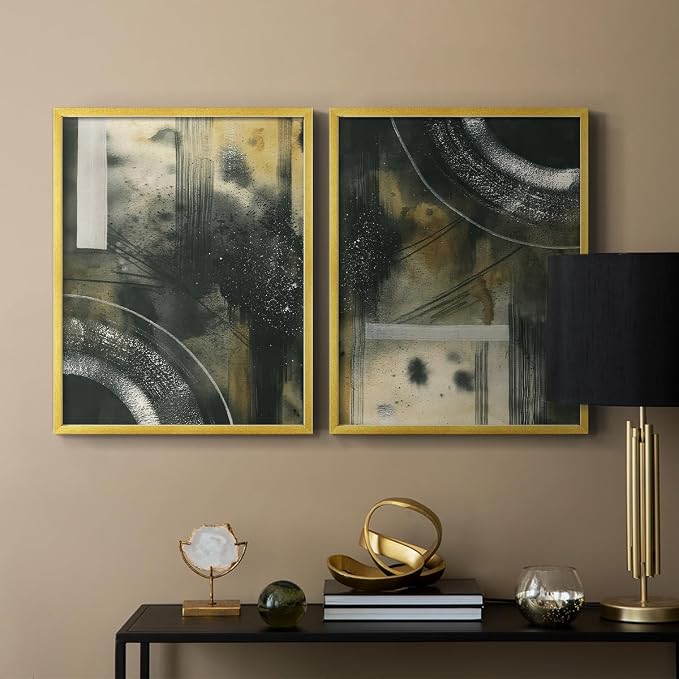 Renditions Gallery Set of 2 Peel & Stick Framed Prints, Moody Abstract Wall Art, Circular and Splattered Effects Wall Decor, Re-Stickable - Ready to Hang - 16"x20" - GOLD Frame LT588