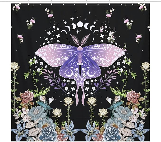 Floral Moth Moon Shower Curtain, Nature Aesthetic Flower Phase of The Moon Artistic Design Waterproof Shower Curtains for Bathroom Decor 12 Pack Hooks 72x72in (183x183cm)
