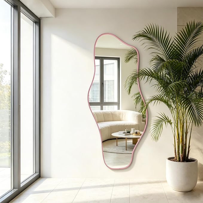 Large Irregular Mirror, 63"x30" Pink Asymmetrical Tempered Glass Mirror Full Length, Organic Frameless Wall Mirrors for Entryway Hallway Bedroom Living Room, Horizontal or Vertical Hanging