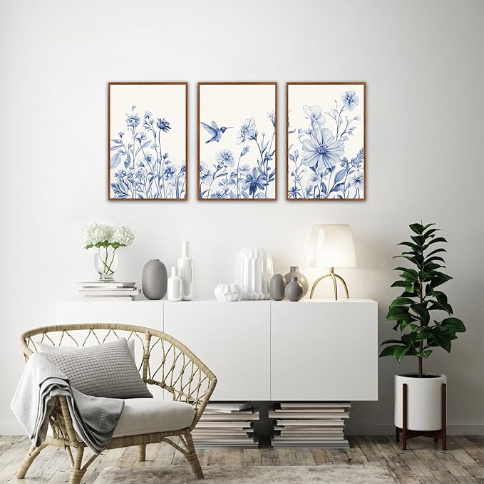 HLNIUC Blue Flower Bird Wall Art Set,Large Canvas Wall Art Blue White Wildflower Poster,Farmhouse Vintage Blue Bird Blossoms Canvas Painting,Botanical Floral Art Print for Living Room Bedroom-16"x24"x3