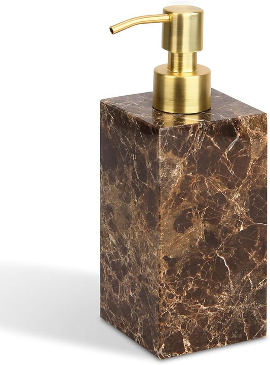 Natural Marble Soap Dispenser for Bathroom and Kitchen Countertop - 5.41 Ounces Hand Lotion and Liquid Stone Shampoo Laundry Bottle with Pump (1, Dark Brown, Rectangular Bottle)