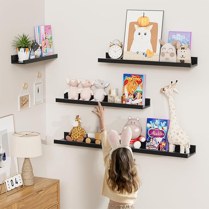 Heimlove Floating Shelves Set of 6, 16" Wall Mounted Picture Ledge, Display Shelf Organizer for Decor Storage, Wall Mounted Shelves for Living Room, Bedroom, Bathroom, Kitchen (Black)