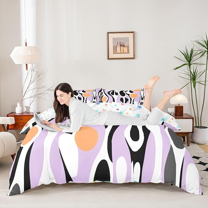 Mid Century Modern Abstract Duvet Cover Set Vintage Geometric Full Size Bedding Sets for Preteen Boys Girls Contemporary Organic Shapes Comforter Cover Squiggle Blob Bed Set,Lavender Peach