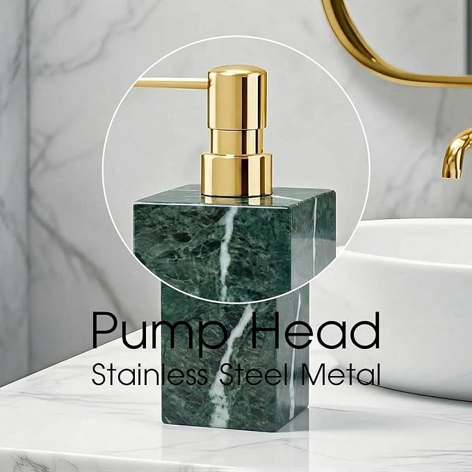 2 Set Real Natural Marble Soap Dispenser with Stainless Steel Pump – Decorative Liquid Hand Soap Bottle for Kitchen & Bathroom, Compatible with Lotion, Dish Soap & Shower Gel (Green)